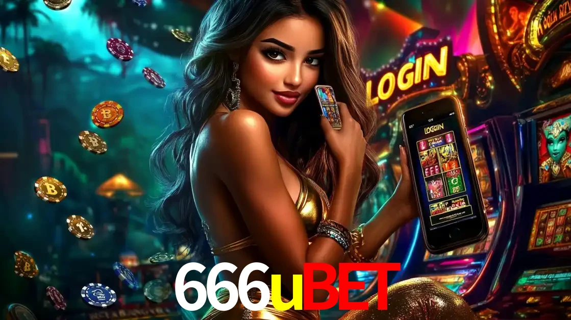 Mulher em um cenário de cassino temático de aventura, mostrando o app de caça-níqueis da 666ubet no celular. Fichas de apostas flutuam ao redor.