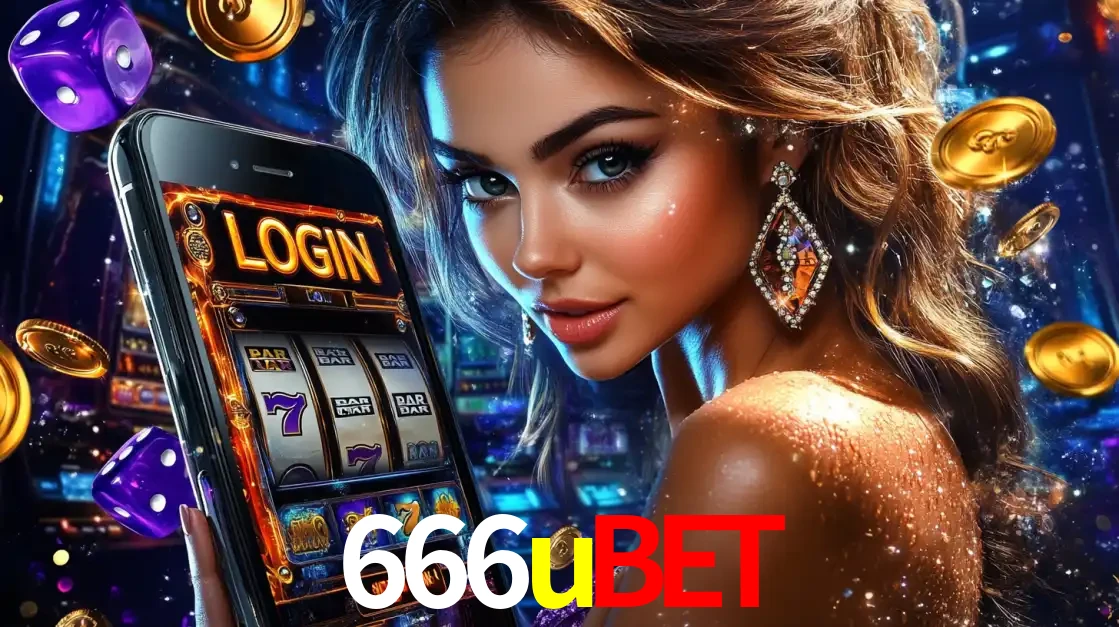 Mulher glamorosa segurando um smartphone com a tela de login para os jogos de caça-níqueis do cassino online 666ubet, com moedas de ouro e dados ao redor.
