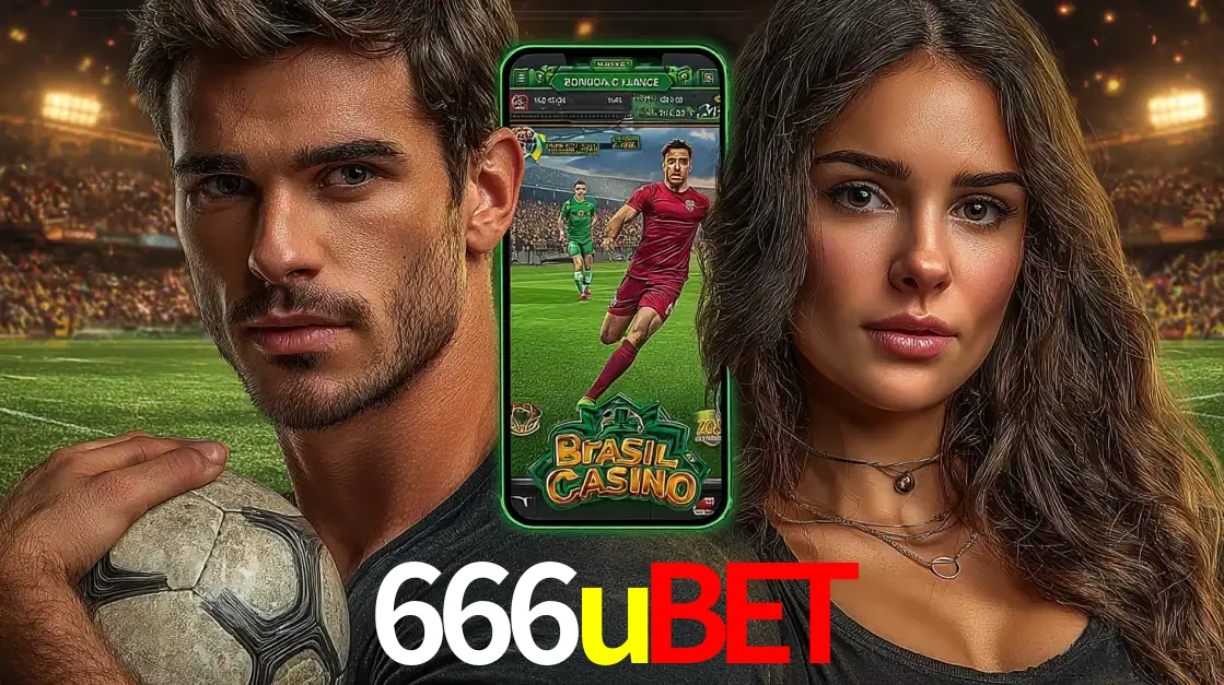 Homem segurando uma bola de futebol e uma mulher ao lado de um smartphone exibindo o jogo de apostas esportivas da 666ubet. Faça seu palpite no cassino online.